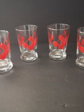 Vintage 4 - Anchor Hocking Red Cherries w/ Stems Footed Juice Drinking Glass 4"